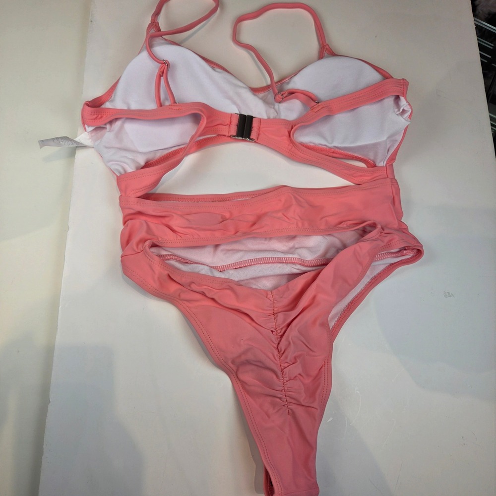 Cutout Monokini Women L Peach High Waist Ruched Back Sexy Beachwear 301 NWT - Picture 4 of 9